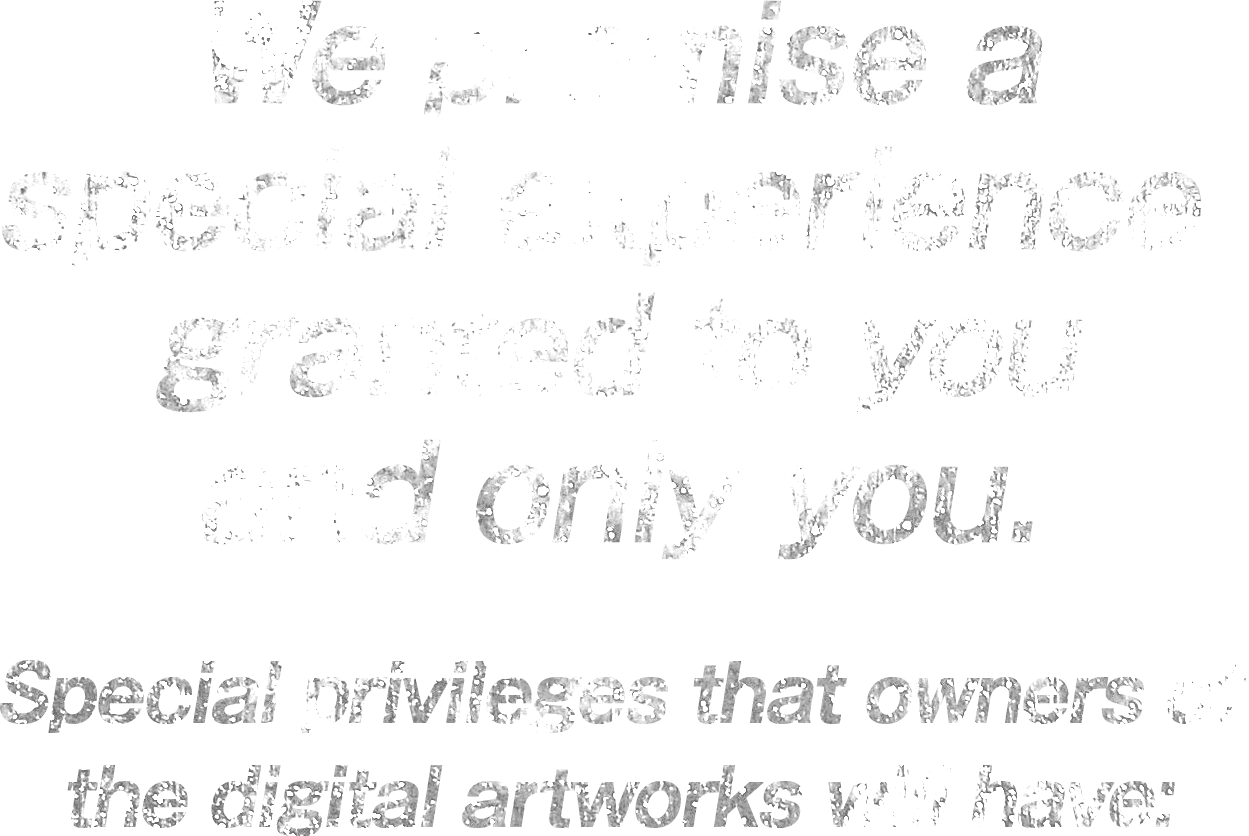 We promise a special experience granted to you and only you.Special privileges that owners of the digital artworks will have: